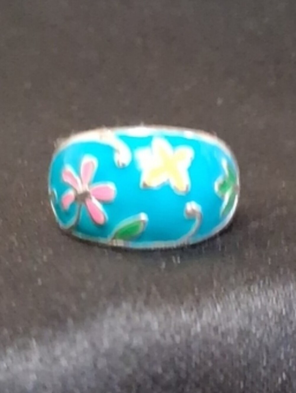 Turquoise Blue Floral Enamel Cloissoné Dome Ring - Silver - 6½